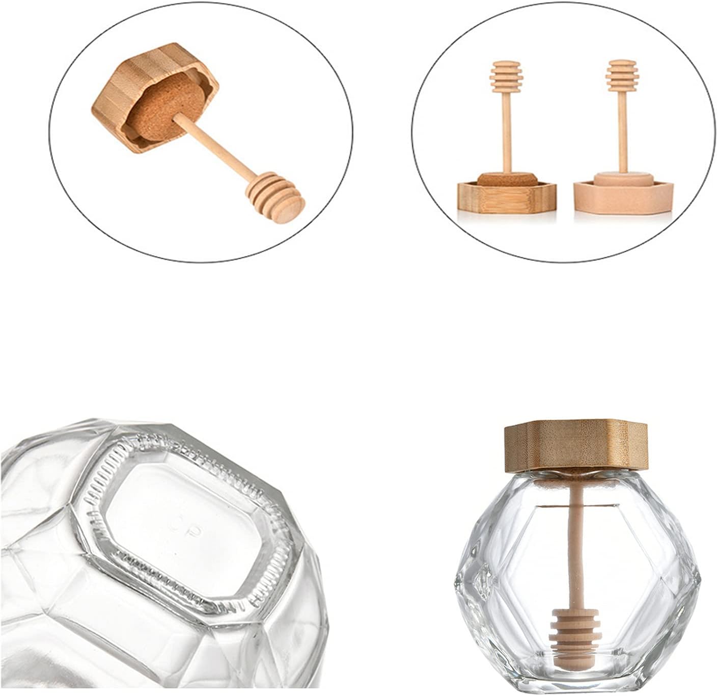 Glass Honey Pot with wine cork style lid; lift to remove. Do not twist.